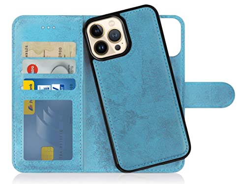 MyGadget Flip Case für iPhone 14 Pro Max - [ abnehmbare Magnet Hülle ] - Handyhülle aus Kunstleder - [ Klapphülle mit Kartenfach ] Schutzhülle in Hellblau von MyGadget