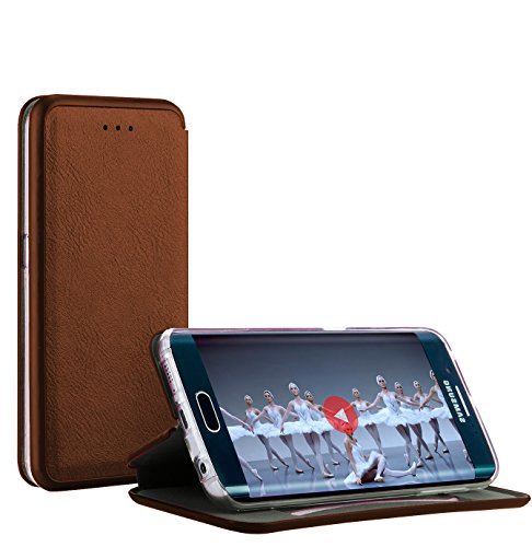 MyGadget Flip Case Hülle für Samsung Galaxy S6 Edge mit Kartenfach & Standfunktion - Kunstleder Klapphülle (PU) Schutzhülle Wallet Book Cover - Braun von MyGadget