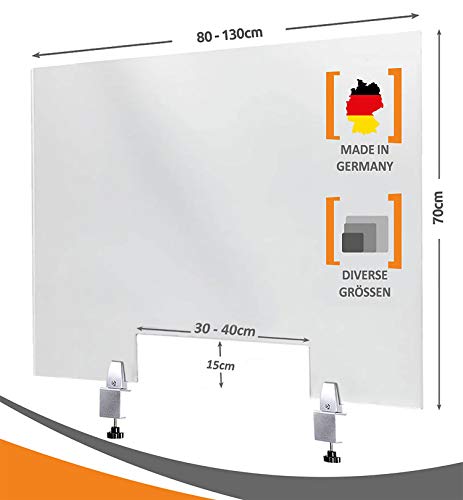 MyMaxxi | Spuckschutz Trennwand Acrylglas 5mm glasklar Schreibtisch mit Klemmhalter 110x70 cm mit Durchreiche | transparenter Tisch Aufsteller | 5mm dick | Selbststehend | Hygieneschutzwand von MyMaxxi