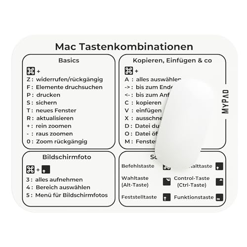 MyPad Mauspad Mousepad Mac Tastenkombinationen Shortcuts Deutsch 24 x 20 cm - rutschfest - Tastenkürzel Übersicht Shortcuts - hochwertiges Polyester - Weiß mit schwarzer Schrift von MyPad