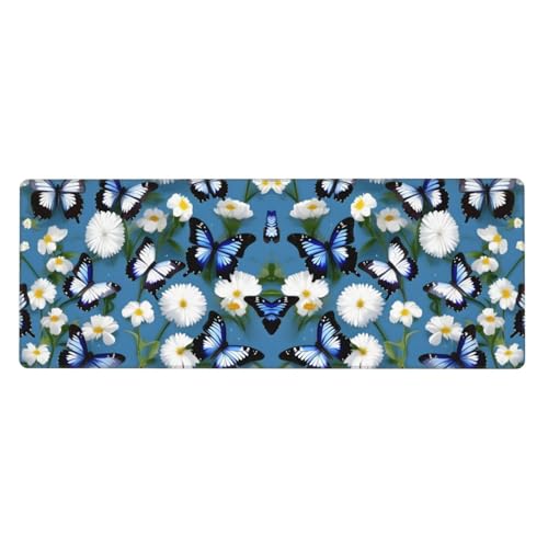 Gaming-Mauspad mit blauen Schmetterlingen, weißen Blumen, großes Mauspad, Tastatur-Pad, Schreibtischunterlage, 80 x 30 cm, XL Gaming-Mauspad mit blauen Schmetterlingen, weißen Blumen, großes Mauspad, Tastatur-Pad, Schreibtischunterlage, 80 x 30 cm, XL von MyPiky