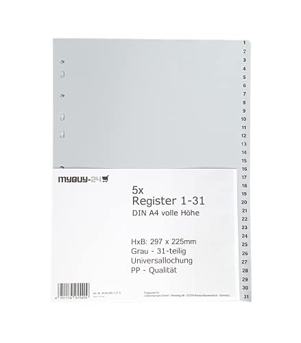 5er Sparpack Register 1-31 A4, volle Höhe, Universallochung PP Kunststoff grau 297 x 225mm Trennblätter Ziffern 1-31 von Mybuy24