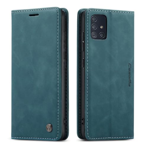 Handyhülle für Samsung Galaxy A51 Hülle Retro Cover Dünne Handyhülle mit Kartenfach Geld Slot Ständer PU Ledertasche TPU Bumper Wallet Case Flip Schutzhülle (Dunkles Zyanblau, A51) von Mycotech