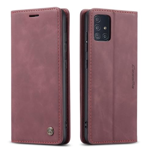 Handyhülle für Samsung Galaxy A51 Hülle Retro Cover Dünne Handyhülle mit Kartenfach Geld Slot Ständer PU Ledertasche TPU Bumper Wallet Case Flip Schutzhülle (Karmesinrot, A51) von Mycotech