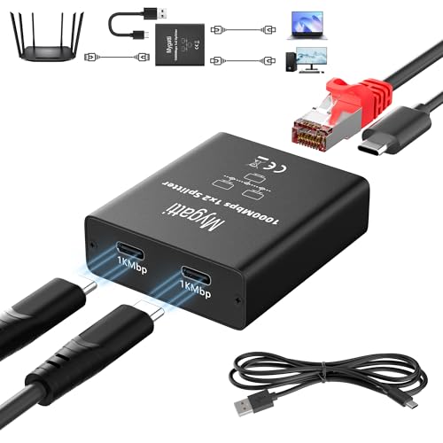 Mygatti LAN-Splitter 1 auf 2 (RJ45-in, 2 Typ-C Out), Gigabit Ethernet Splitter (funktioniert gleichzeitig), 1000 Mbit/s RJ45 Netzwerk Splitter, Netzwerkverbindung über USB-C-Kabel herstellen von Mygatti