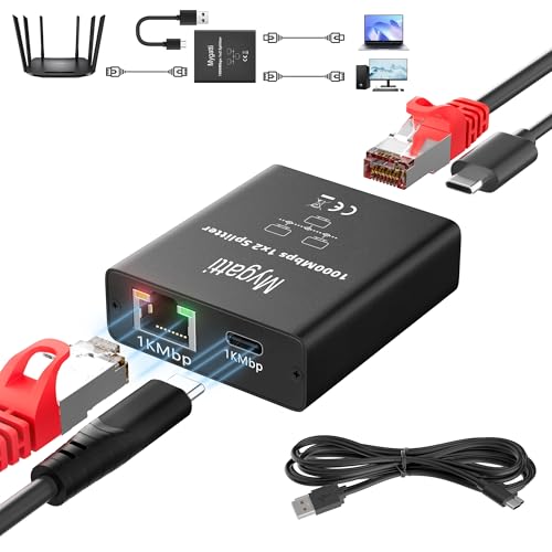 LAN-Splitter 1 auf 2 (RJ45-in, RJ45 + Typ-C Out), Gigabit Ethernet Splitter (funktioniert gleichzeitig), 1000 Mbit/s RJ45-Netzwerk-Splitter, Netzwerkverbindung über USB-C-Kabel herstellen von Mygatti