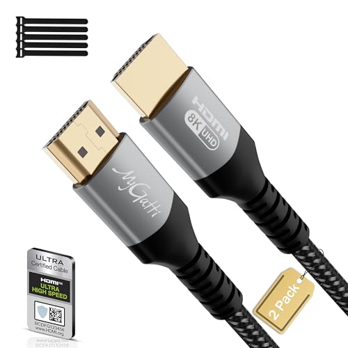Mygatti 2 Meter 8K HDMI 2.1 Kable Zertifiziertes(2 Stück),Ultra HD 48Gbps Hochgeschwindigkeit,4K@120Hz/8K@60Hz,eARC,HDCP 2.2&2.3,UHD HDR 10+,Kompatibel mit 8K Gaming,TV,Blu-ray-Player,Projektor von Mygatti