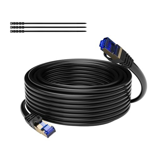 Mygatti 50M CAT 7 wasserdichtes RJ45 Ethernet Netzwerkkabel für den Außenbereich,direkt verlegbar,10 Gigabit Ethernet,SFTP,LAN und Patchkabel–Schwarz,50 mt mit 15 Kabelbindern von Mygatti