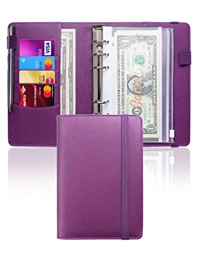 Mymazn Budget Planner A6, Haushaltsbuch Budget Binder Budgetplaner A6 PU Leder Geld Organizer Sparen, Cash Stuffing Haushaltsbuch mit Geldfacher, Budgetplaner Sparbuch (Dunkelviolett) von Mymazn