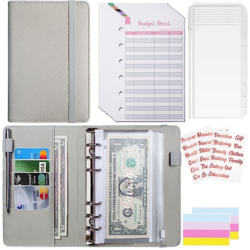 Mymazn Budget Planner A6, Haushaltsbuch Budget Binder Budgetplaner A6 PU Leder Geld Organizer Sparen, Cash Stuffing Haushaltsbuch mit Geldfacher, Budgetplaner Sparbuch (Grau) von Mymazn