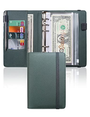 Mymazn Budget Planner A6, Haushaltsbuch Budget Binder Budgetplaner A6 PU Leder Geld Organizer Sparen, Cash Stuffing Haushaltsbuch mit Geldfacher, Budgetplaner Sparbuch (Grau-grün) von Mymazn