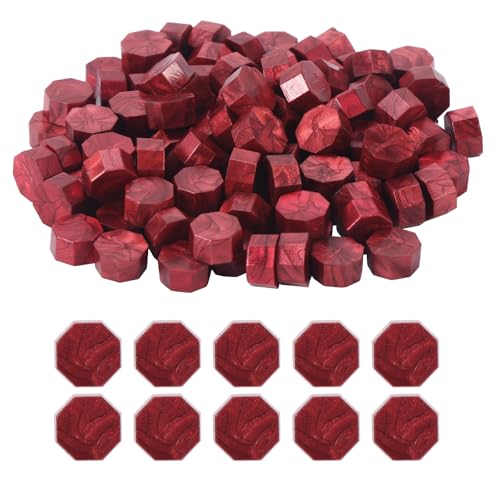 Mynoozi 100 Stücke Siegelwachs Perlen Gold, Wachssiegel Wachs Achteckig Perlen für Vintage Siegellack und Einladungen, Karten, Umschläge, Weinpakete, Paket Geschenk (Rot) von Mynoozi