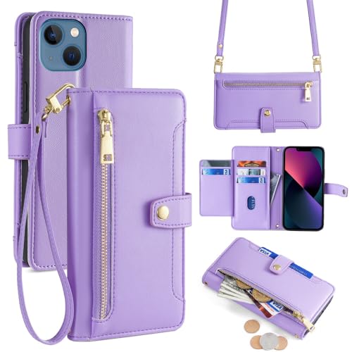 Myriadunsell Hülle für Apple iPhone 11 Pro Max mit Trageband, Flip Wallet Handyhülle mit Magnetischem Reißverschluss und Ständer [5 Kartenfächer] Folio aus Luxuriösem Veganem Leder Viola von Myriadunsell