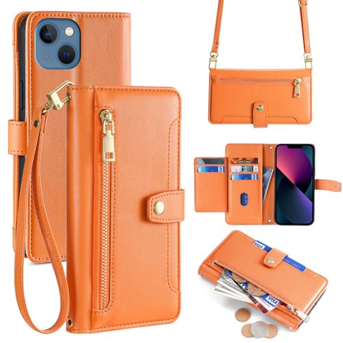 Myriadunsell Hülle für OnePlus 12 5G mit Trageband, Flip Wallet Handyhülle mit Magnetischem Reißverschluss und Ständer [5 Kartenfächer] Folio aus Luxuriösem Veganem Leder Orange Farbe von Myriadunsell