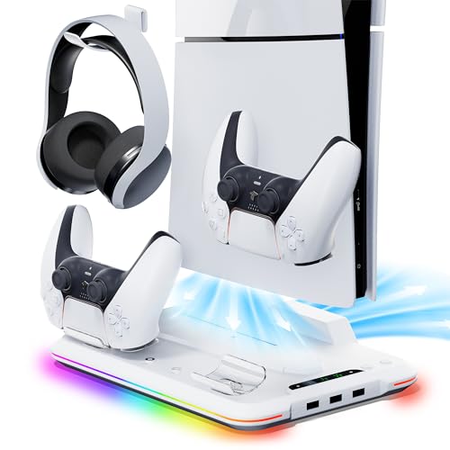 Mytrix Kühlstation für die Neue PS5 Slim-Konsole 2023 (Disc- und Digital-Editionen), PS5 Slim-Ständer mit 3-Gang-Lüfter, Ladestation mit Controller-Ladegerät, 14 RGB-Leuchten und 3 USB-Anschlüssen von Mytrix