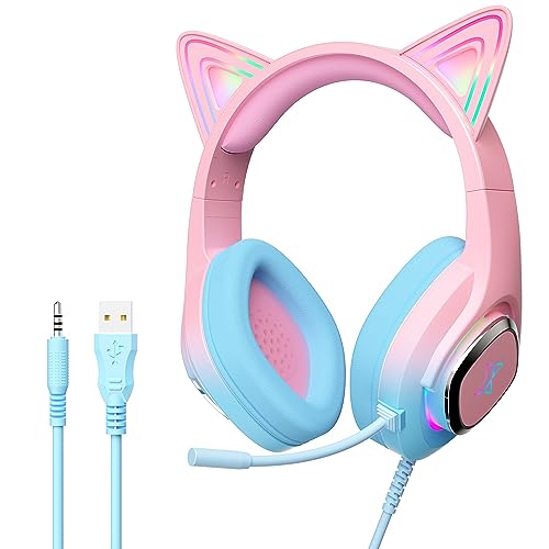 Mytrix RGB Effet de lumière Casque Gaming Headset kompatibel mit PS4, PS5, Xbox, PC, MAC, Switch, Pink Blue Wired Gaming-Kopfhörer mit 360°-Rotationsmikrofon, Surround-Sound, weichen Ohrpolstern von Mytrix