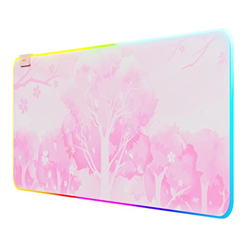 Mytrix RGB Gaming Mauspad Rosa Mousepad XXL 800x300mm, Großes Mauspad mit 14 Lichtmodi, Wasserdichtes Tastaturpad mit Rutschfester Gummibasis, Erweiterte Groß Schreibtischunterlage, Kawaii Sakura von Mytrix