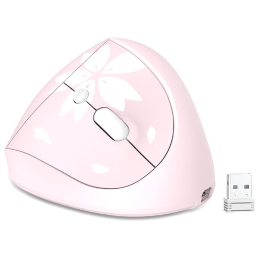 Mytrix Rosa Sakura 2,4 GHz Kabellose Vertikale Maus, Wiederaufladbare Ergonomische Optische Maus, 800/1200/1600 DPI, Rechtshänder-Maus für Laptop, Desktop, PC, MacBook von Mytrix