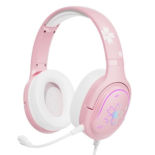 Mytrix Rosa Sakura Gaming Headset mit RGB-Optik, Over Ear Kopfhörer mit Mikrofon und Kabel für PC, ipad, Handy und Spielkonsole, komme mit Lautstärkeregler, Leicht von Mytrix