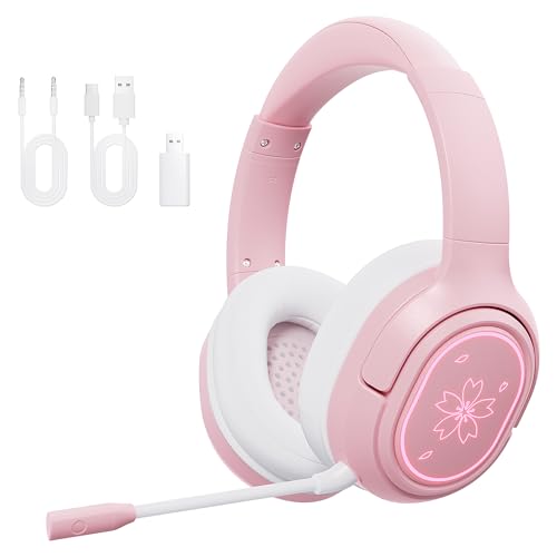 Mytrix Sakura Kabelloses Gaming-Headset für PC, PS4, PS5, Mac, Switch, Surround-Sound, 50-mm-Treiber, 2,4-GHz- und Bluetooth-Gaming-Kopfhörer, Over-Ear-Kopfhörer für Xbox, Pink von Mytrix