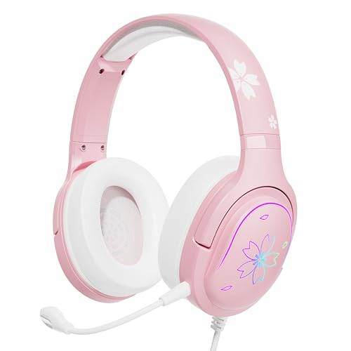 Mytrix Sakura Pink Cherry Blossoms Gaming-Headset, 360° drehbares Mikrofon, weicher Ohrenschützer-Kopfhörer für PS4, PS5, Xbox, PC & MAC, Schalter, RGB-Farbverlauf-Lichteffekt von Mytrix