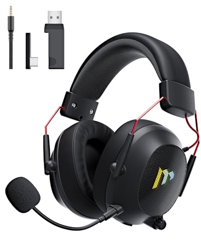 Mytrix Tac Master 2,4 GHz kabelloses Gaming-Headset mit Mikrofon mit Geräuschunterdrückung für PC, PS4, PS5, Mac, Bluetooth 5.3 Gaming-Kopfhörer mit RGB-Licht, Surround-Sound, 48-Stunden-Akku Schwarz von Mytrix