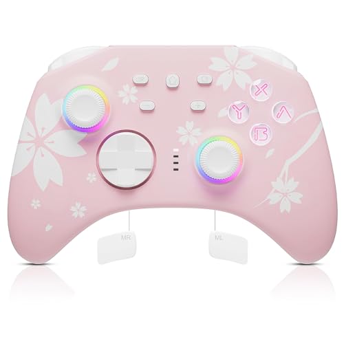 Mytrix Wireless Controller für Switch/Switch Lite/Switch OLED, Switch Pro Controller mit Weckfunktion, Kopfhöreranschluss, Turbo, Bewegungskontrolle, Einstellbare Vibration, LED-Lichter, Sakura Rosa von Mytrix