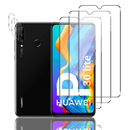 Mzhki 3+3 Stück Schutzfolie für Huawei P30 Lite, 3 Stück Panzerfolie mit 3 Stück Kameraschutz, 9H-Härte, Anti-Kratzer, Ultra-klar Panzer Schutz Glas für Huawei P30 Lite von Mzhki