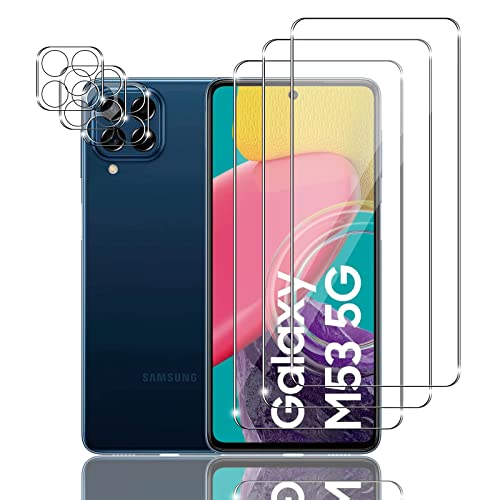 Mzhki 3+3 Stück Schutzfolie für Samsung Galaxy M53 5G, 3 Stück Panzerfolie mit 3 Stück Kameraschutz, 9H-Härte, Anti-Kratzer, Ultra-klar Panzer Schutz Glas für Samsung Galaxy M53 5G von Mzhki