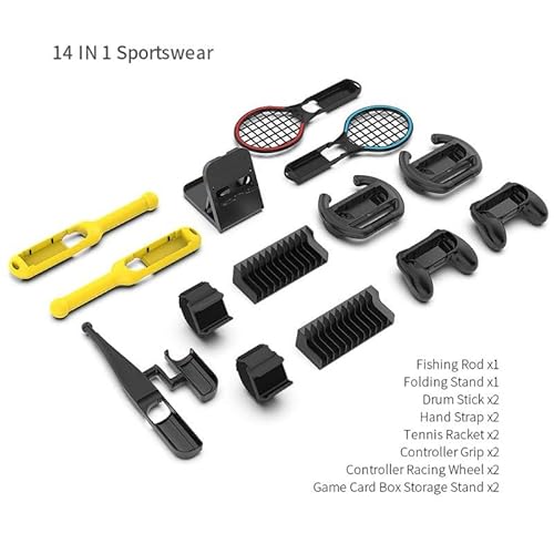 14-in-1-Sportzubehör, kompatibel für NS Switch, Gaming-Sets mit Angelrute, Tennisschläger, Drumsticks, Rennräder, Controller-Griff, Aufbewahrungsbox, Spiele-Kits, Sport-Familien-Party-Pack von N+B