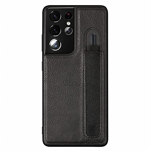 Schutzhülle aus PU-Leder kompatibel für Samsung Galaxy S21 Ultra 5G Hülle mit S Pen Stift Halter, S21 Ultra G9980 G998D G998U S-Pen Socket Slot Phone Case Hülle (Schwarz) von N+C