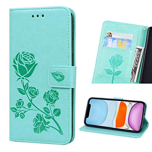 Schutzhülle für iPhone 11 mit Blumenmuster, luxuriöses PU-Leder, Klapphülle für iPhone 11, mit Kartenfach, Ständer und Magnetverschluss, Brieftaschenhülle für iPhone 11, Blumenmuster, Mintgrün von N\B