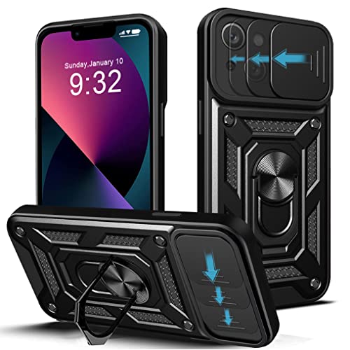 NC LOCLOUD Hülle für iPhone 13, Kameraschutz Handyhülle mit 360 Grad Ring Ständer Weich TPU Bumper Stoßfest + Hart PC Rückseite Kratzfest Tough Armor Schutzhülle - Schwarz von N\C