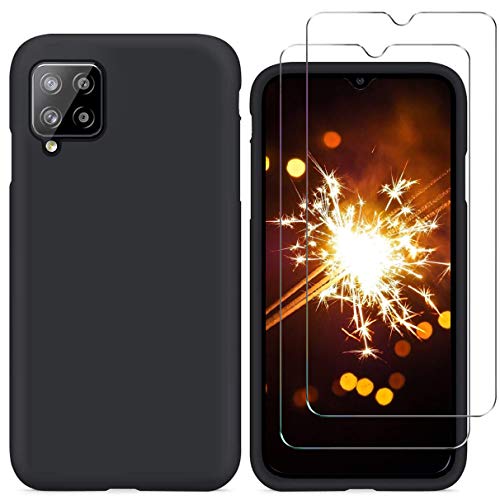 NC YiKaDa - Hülle Kompatibel mit Samsung Galaxy A12 + [2 Stück] Panzerglas Schutzfolie, Ultradünnes Weiches TPU Silikon Schutzhülle - Negro von N\C