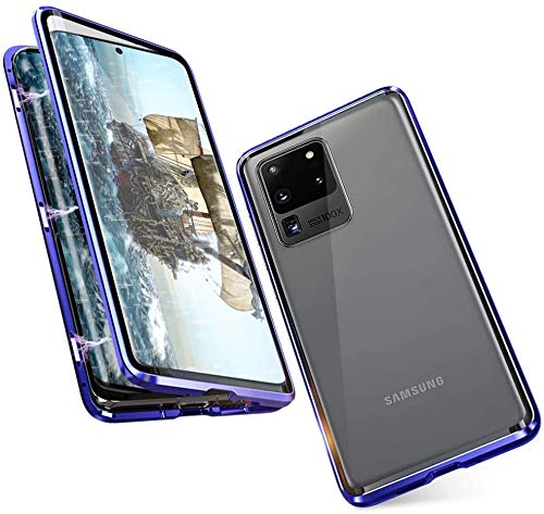 N / A Magnetic Adsorption Handy hülle für Samsung Galaxy S20 Plus, mit 360 Grad Schutz Doppelte Seiten Transparent Gehärtetes Glas Handyhülle,Adsorption Metall Stoßstange Flip Cover-(Blau) von N / A