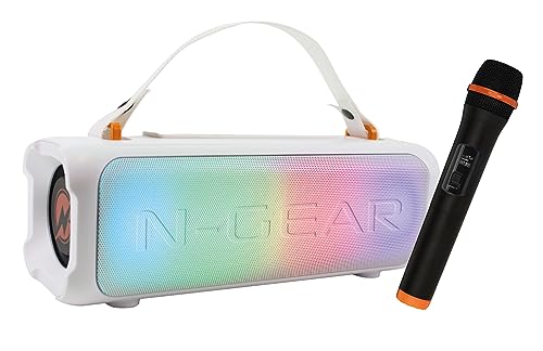 N-Gear Blazooka 703 Weiß - Tragbarer, kabelloser und Kleiner Bluetooth Lautsprecher - Inklusive kabellosem Mikrofon und Disco Licht - 100 Watt Musikbox und 5 Stunden Spielzeit. von N-Gear