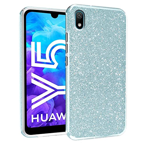 N NEWTOP 3in1 Schutzhülle kompatibel mit Huawei Y5 2019, Schutzhülle mit Glitzer, Innenseite Bling TPU + flexibel, weiche Rückseite glänzend glänzend (Hellblau) von N NEWTOP