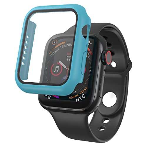 N NEWTOP Schutzhülle Displayschutzfolie 2in1, kompatibel mit Apple Watch Serie SE/6/5/4, Schutzhülle aus gehärtetem Glas, buntes Hartschale, Vollschutz, ultradünn, HD Soft (44 mm, Hellblau) von N NEWTOP
