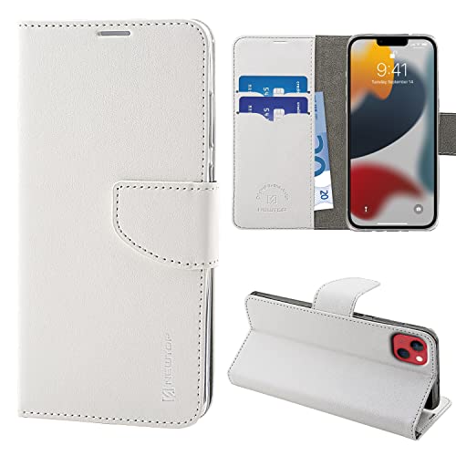 N NEWTOP Schutzhülle kompatibel mit Apple iPhone 13, HQ Lateral Schutzhülle mit Magnetverschluss, Brieftasche, Kunstleder, Stand (Weiß) von N NEWTOP