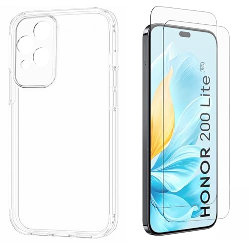 N NEWTOP Schutzhülle kompatibel mit Honor 200 Lite, weiches TPU-Silikon, stoßfest, kratzfest, transparent, schmal, flexibel, Rückseitenschutz für Display (Cover + 2 Folie) von N NEWTOP