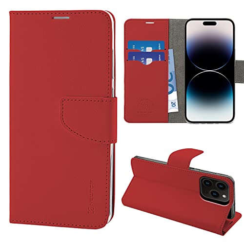 N NEWTOP Schutzhülle kompatibel mit iPhone 16 Pro Max, HQ seitliche Schutzhülle mit Magnetverschluss, Brieftasche, Kunstleder, Standfunktion, kompletter Schutz, TPU, stoßfest, Basisschale (Rot) von N NEWTOP