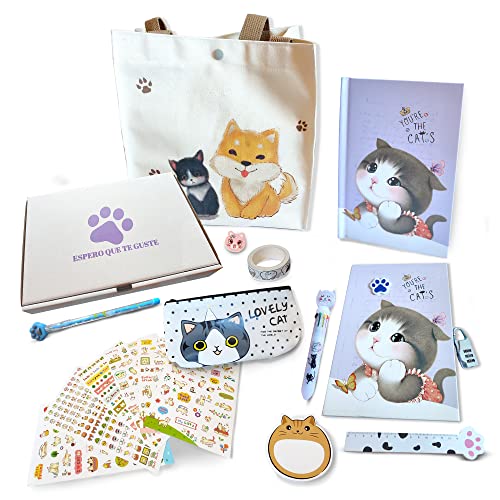 Geheimes Tagebuch Mädchen mit Code,Schreibwaren-Set für Mädchen,Niedliches Kätzchen,Briefpapier,Kawaii Briefpapier,Geheimes Tagebuch Mädchen,Geschenk Mädchen,Canvas Tasche,viele Accessoires von N NUEVAS IDEAS