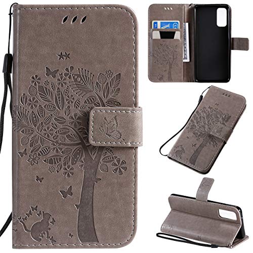 N/A Hülle für Samsung Galaxy S20 Handyhülle Baum Katze Muster PU Leder Hülle Handy Tasche Flip Wallet Case Cover mit Ständer Kartenfach und Magnet Schutzhülle für Samsung Galaxy S20 (Grau) von NA