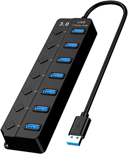 NAERSI® USB-Hub 7-Port USB 3.0 + 2.0 mit einzelnen LED-Netzschaltern, tragbarer Adapter, High-Speed-Erweiterung, Multi-USB-Hub-Splitter, Adapterkabel für Tablet, Laptop, Computer, Netbook von NAERSI