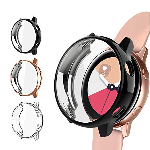 NAHAI Schutzhülle, kompatibel mit Samsung-Galaxy-Watch Active, Displayschutzfolie 40 mm, TPU, schlank, Kratzfest, Rundumschutz, Schwarz/Transparent/Gold, 3 Stück von NAHAI