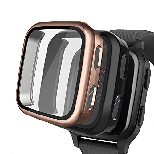 Nahai Schutzhülle kompatibel mit Garmin Venu Sq Displayschutzfolie aus gehärtetem Glas (9H, harte Polycarbonat), kratzfest, für Garmin Venu Sq Music Smartwatch, Schwarz/Roségold, 2 Stück von NAHAI