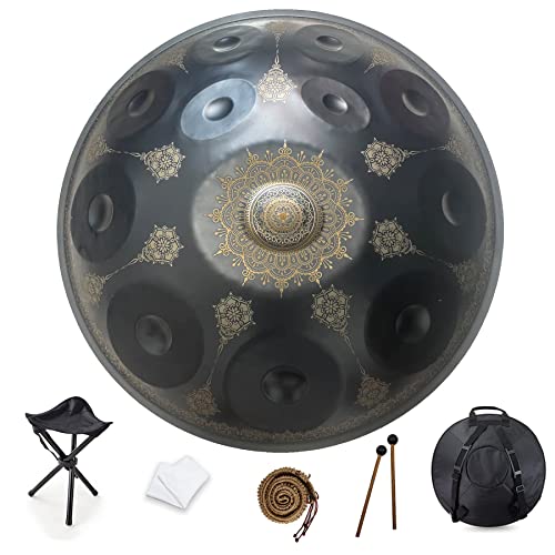 12 Notes 22 Inch Handpan, D-Minor 440hz Steel Drum Percussion instrument, Mandala Musical Performance Handmade Healing Musical Instrument Gift-Black von NAHAIA