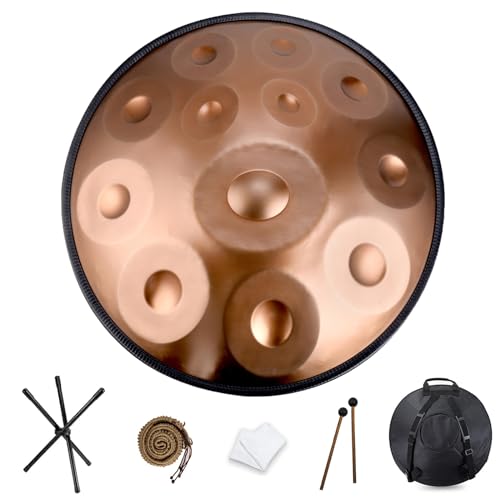 NAHAIA HANDPAN DRUM 9/10/12 Noten Steel Handpan 440hz/432hz Stahl-Handtrommel Instrument 22 Zoll in D-Moll Harmonische Percussion für Klangheilung, persönliche Meditation(12 Notes-440Hz-Gold) von NAHAIA