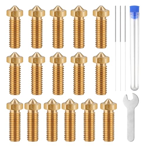 NAIKUDAGE 16 Stück Messing Düsen für Anycubic, 0,4mm 3D Drucker Zubehör, 3D Drucker Düse mit Reinigungsnadel/Schraubenschlüssel, Volcano Nozzle 0.4 für 1.75 Filament Drucker mit M6-Gewindeheizblock von NAIKUDAGE