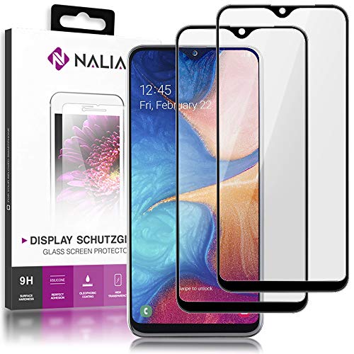 NALIA (2-Pack Schutzglas kompatibel mit Samsung Galaxy A20e, 9H Full-Cover Screen Display Schutz, Handy Schutzfolie Bildschirm-Abdeckung Schutz-Film Protector Tempered Glass - Transparent Schwarz von NALIA